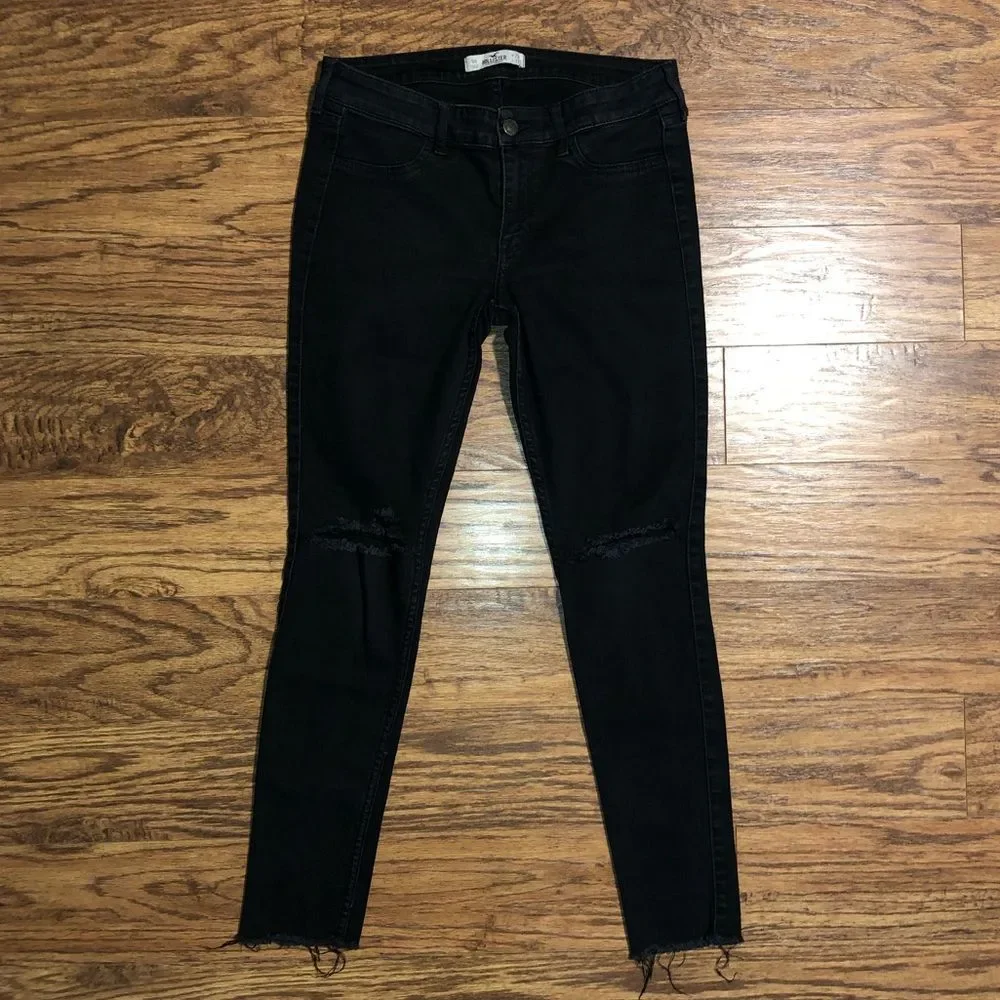 Hollister Black Distressed Jeans Size 29 or 9R Raw Hem Skinny Jeans - Picture 7 of 10